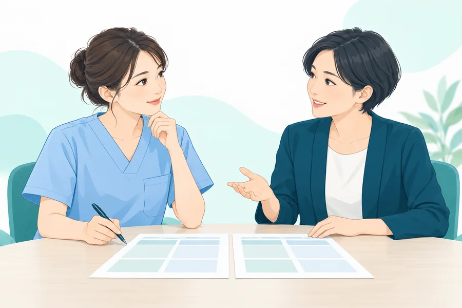 看護師と採用支援担当者が、書類を見ながら確認事項を整理するイラスト