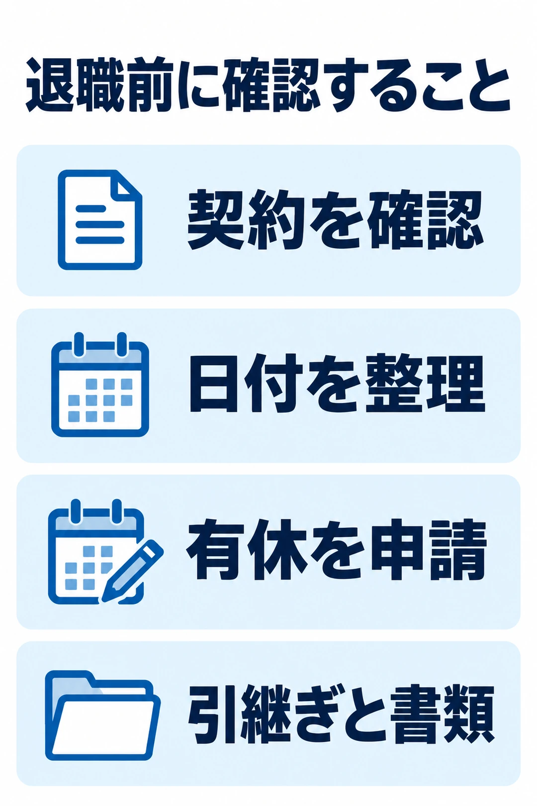看護師の退職準備を、契約確認、日付整理、有休申請、引継ぎと書類確認の順に示した縦図